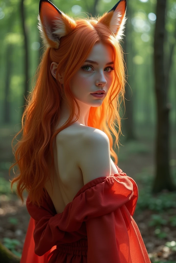 The woman is red-haired. Very beautiful. Model. Pale skin. Instead of clothes, she covers herself