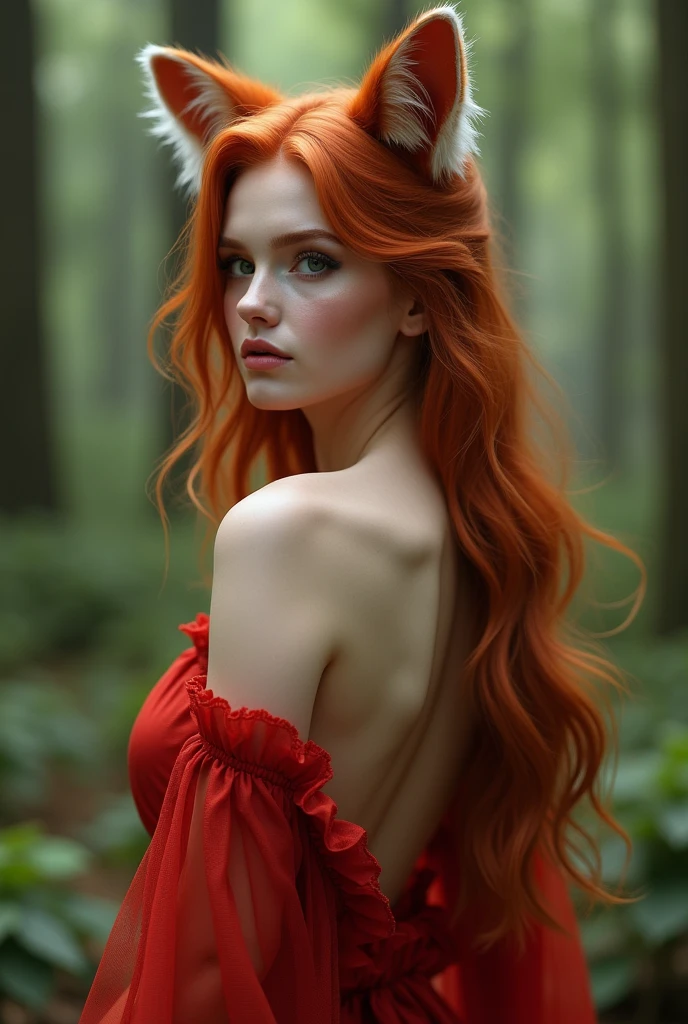25 year old woman with copper hair, White skin, green eyes, full frame in the forest, back view, transparent red robe, Fox tail, fox ears, bare chest, Nude body, Passion, beautiful detailed eyes, beautiful detailed lips, extremely detailed eyes and face, long eyelashes, high quality, 8 thousand., hyperrealistic, photorealistic, physically based rendering, bright colors, studio lighting, complex parts