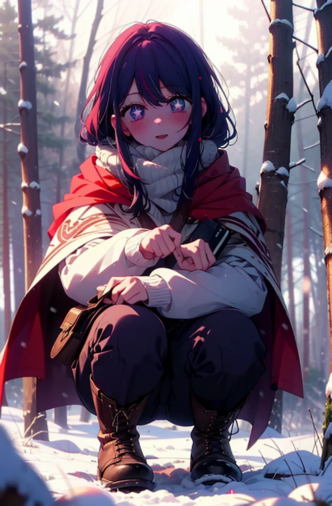 aihoshino, Ai Hoshino, Long Hair, bangs, (Purple eyes:1.1), Purple Hair, (Symbol-shaped pupil:1.5), smile,,smile,blush,white breath,
Open your mouth,snow,Ground bonfire, Outdoor, boots, snowing, From the side, wood, suitcase, Cape, Blurred, , forest, White handbag, nature,  Squat, Mouth closed, Cape, winter, Written boundary depth, Black shoes, red Cape break looking at viewer, Upper Body, whole body, break Outdoor, forest, nature, break (masterpiece:1.2), Highest quality, High resolution, unity 8k wallpaper, (shape:0.8), (Beautiful and beautiful eyes:1.6), Highly detailed face, Perfect lighting, Highly detailed CG, (Perfect hands, Perfect Anatomy),