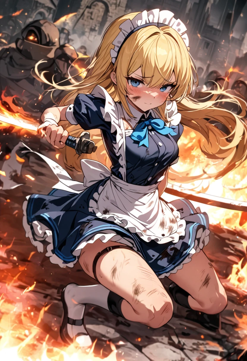 (8k, super high quality, masterpiece), (detailed), One Woman, Small breasts, Blonde, cute, Slightly longer length, Blue ribbon, Apron dress, Maid clothes, Slash with a two-handed sword, Western design sword, Dynamic stance, Perfect Stance, Burning Battlefield, Castle Defense, My whole body is dirty., Torn clothing, A strong enemy in front of me, Deadly Combat, Intense Combat, Quite dirty, Scorched, injury, Blood