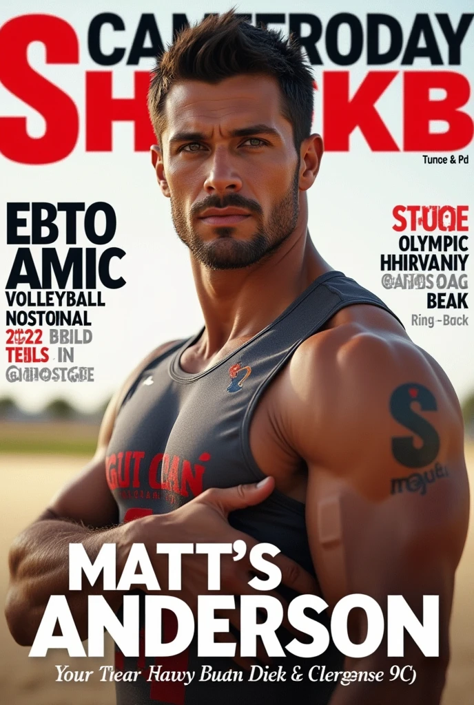 Buzz clip handsome reference Matt Anderson (reference American Volleyball Olympics Player - Matt Anderson), (reference Matt Anderson) (bluck tattoo:1.2), beard, short hair, small head (reference Matt Anderson) identifying its content. The content of this image includes a with a photograph of a man who appears to be an athlete, given his attire and physique. The text on the magazine cover provides context that the individual is featured for his achievements in sports, specifically related to the Olympics. The magazine's name suggests it is a monthly publication focused on local news or events, as indicated by the mention of "Zionsville." The overall aesthetic of the cover, including the choice of colors and fonts, is designed to convey a sense of accomplishment and community pride. (Chest hair:1.8) ! High detail 8K)! ((Realistically))kilograms! Popular clips! ( High-detail 8k ((realistically)), best quality, bright lighting, focus, (Chest hair:1.8) !(Chest hair:1.8) photo realism, !Short hair!!,Germany Male !,More Detail tall!