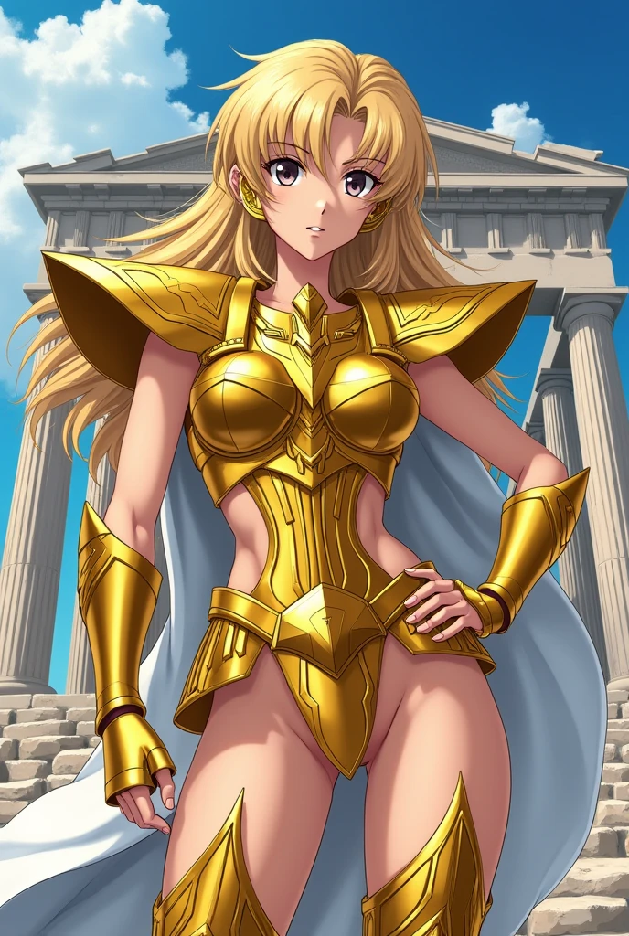 Masterpiece, top quality, highest image quality, detailed to the last detail, like a real person, (official style), anime, /Saint Seiya/, Gold Saint, Parthenon, female body, bare skin and armor,pussy