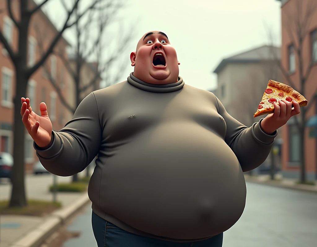 big fat man, bald, no beard, wearing a turtleneck blouse, speaking loudly, pointing up with left hand, right hand holding a slice of pizza, in an empty street