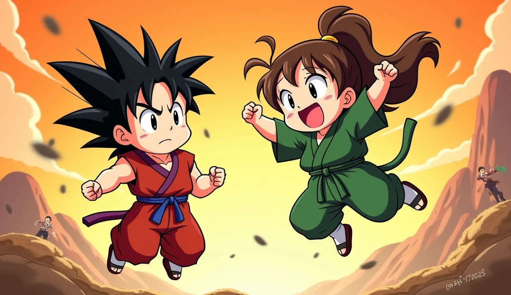 A vibrant and dynamic anime scene featuring a chibi-style young man and women . Man is shown with a grumpy expression, wearing a red monk outfit, long hair,while women joyfully jumps with a fist in the air, dressed in his iconic green gi. Big boobs,brown hair,The background is filled with bold orange and yellow hues, with subtle comic-style illustrations of Krillin’s expressions and additional characters. The overall style is playful and captures the energy of classic anime with detailed shading and a warm color scheme