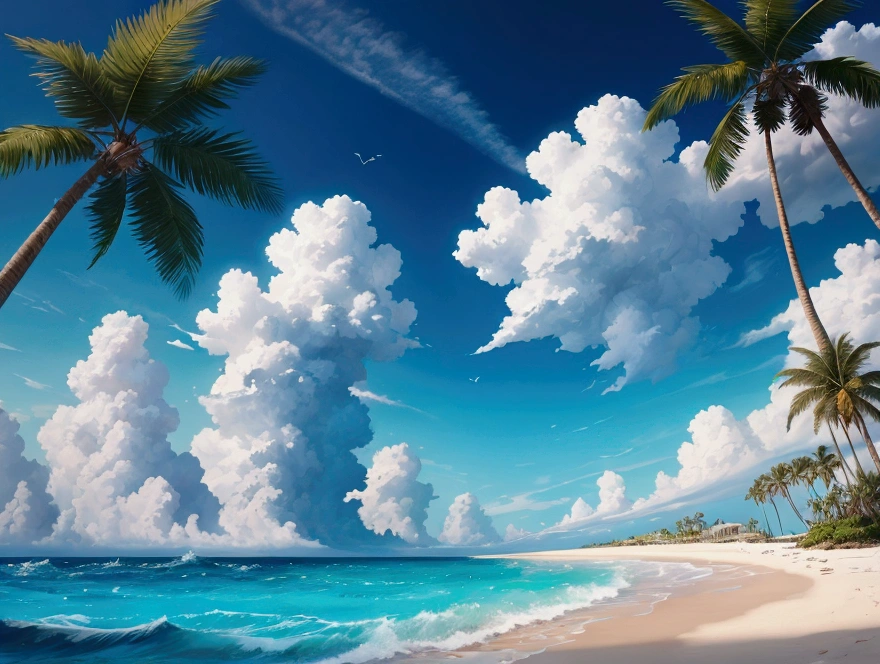 Masterpiece, best composition, dynamic composition, islets in the sea, palm trees, clouds in the sky, clouds in the shape of a heart, blue sky, healing.