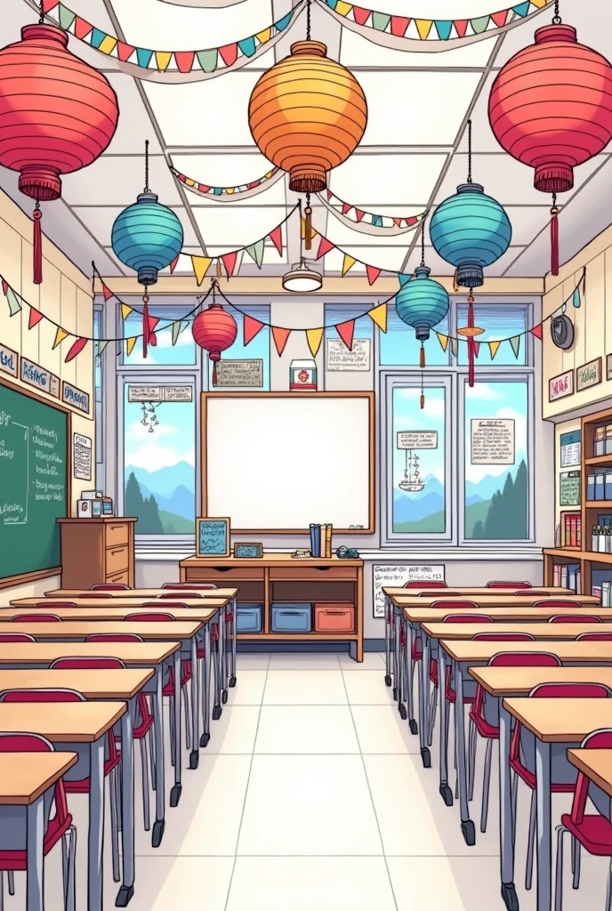Interior design of a normal classroom with lots festival decorations,line art,no color, Using DIY decorations,Affordable materials, beautiful and simple decorations,no color,line art, with color,NO people, festival decorations everywhere (ceilings,floor,walls,doors,and windows)