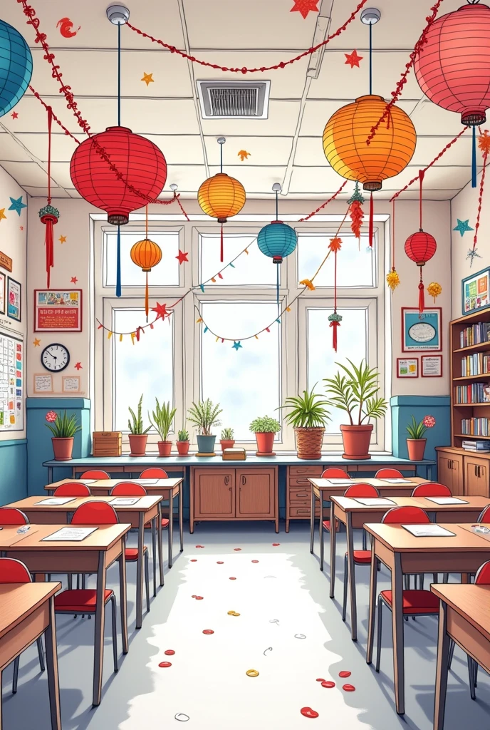 Interior design of a normal classroom with lots festival decorations,line art,no color, Using DIY decorations,Affordable materials, beautiful and simple decorations,no color,line art, with color,NO people, festival decorations everywhere (ceilings,floor,walls,doors,and windows)