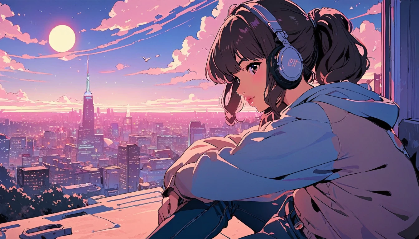 (extremely detailed CG unity 8k wallpaper), (best quality), (best illustration), (best shadow), realistic lighting, beautiful detailed reglow, masterpiece, best quality, lofi artstyle, lofi art, 80s anime style, Retro, Lo-Fi, 1girl, solo, brown hair, black hair, sitting, ponytail, sky, pants, cloud, hood, lips, hoodie, profile, night, headphones, moon, hood down, night sky, full moon, jeans, city