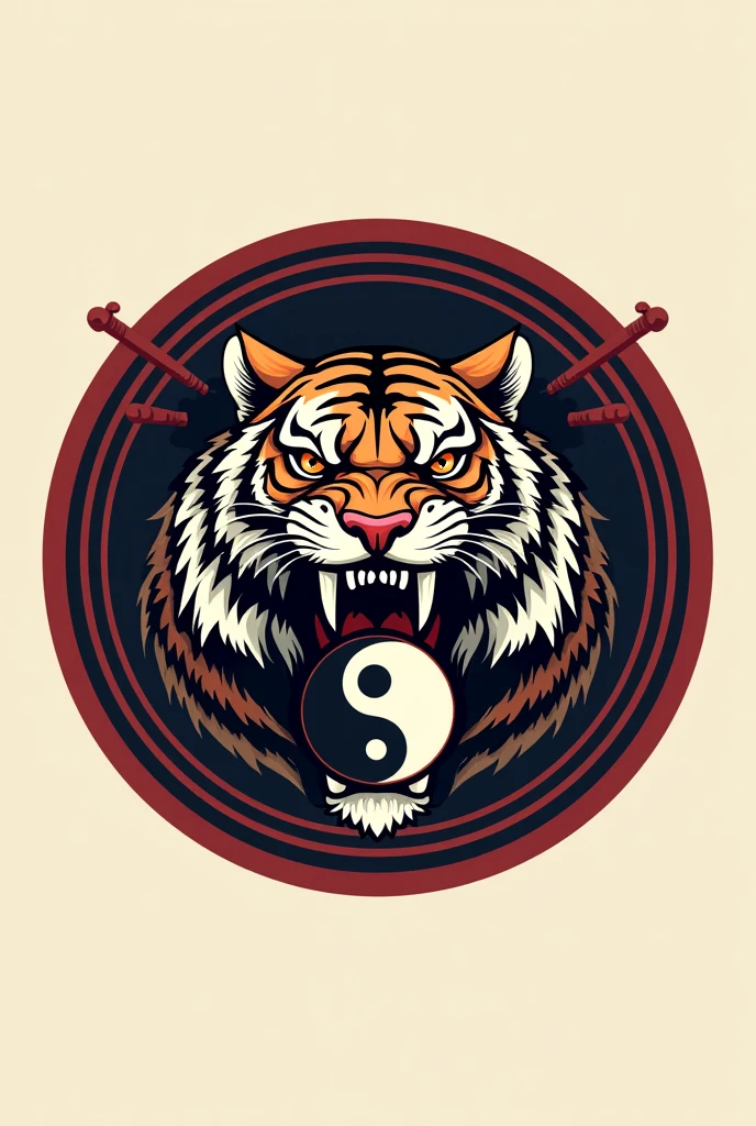 The logo of the Cimande Kung Fu school is a circular logo with a picture of a tiger's head biting a yin yang circle inside it.