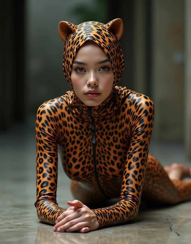 a beautiful and thin malaysian muslim adult girl wears leopard print lycra turtleneck unitard catsuit covered with leopard spots and always wear leopard print lycra dancewear hijab covered with leopard spots.She is crawling.