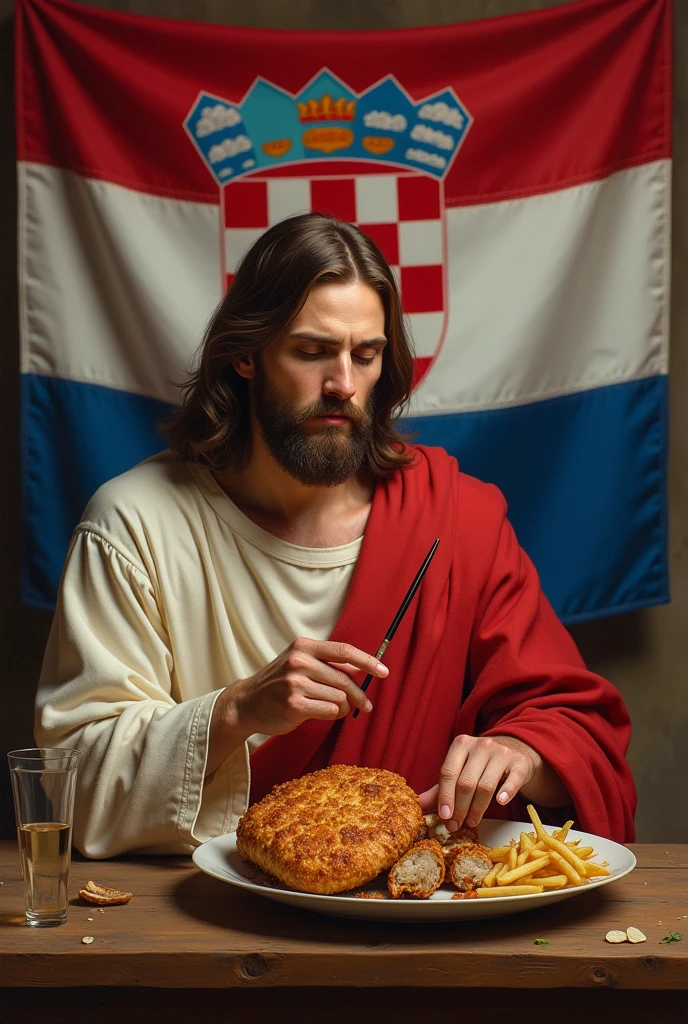 Jesus eating lamb cutlet with Croatian flag