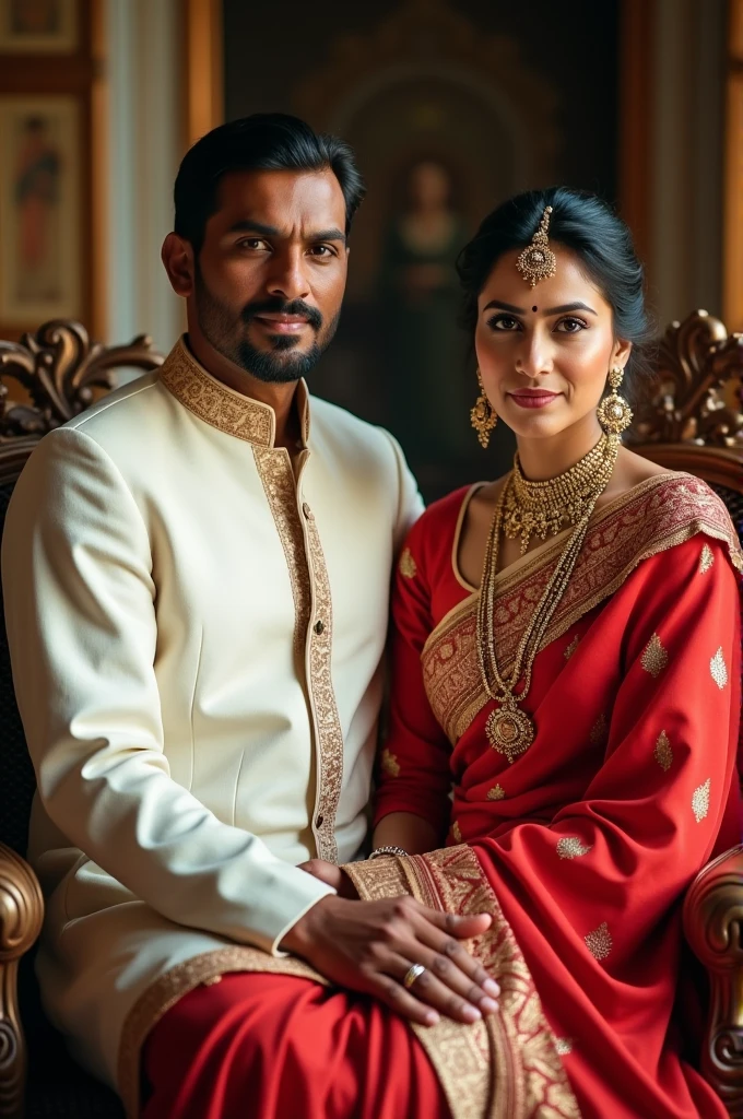 A DSLR photo of a 50-year-old Indian king and queen of a dynasty. The king is wearing a white kurta with a gold border. The queen is wearing a red saree with gold embroidery. They are sitting on chairs and looking camera.They are sitting inside the palace. The image has natural lighting.