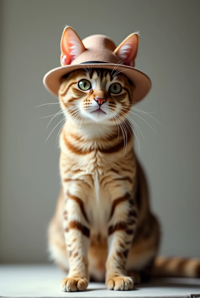Cat facing the camera while standing, wearing a hat