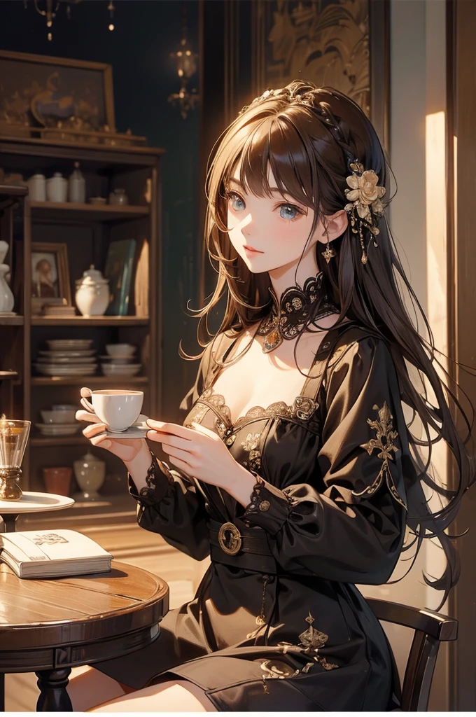 a woman enjoying coffee and cheesecake at a cafe, beautiful detailed eyes, beautiful detailed lips, extremely detailed eyes and face, long eyelashes, realistic, photorealistic, photo-realistic:1.37, high quality, 8k, best quality, masterpiece:1.2, ultra-detailed, professional, warm lighting, cozy cafe interior, wooden furniture, soft focus, intricate details, natural colors, appetizing food, relaxed expression, comfortable atmosphere