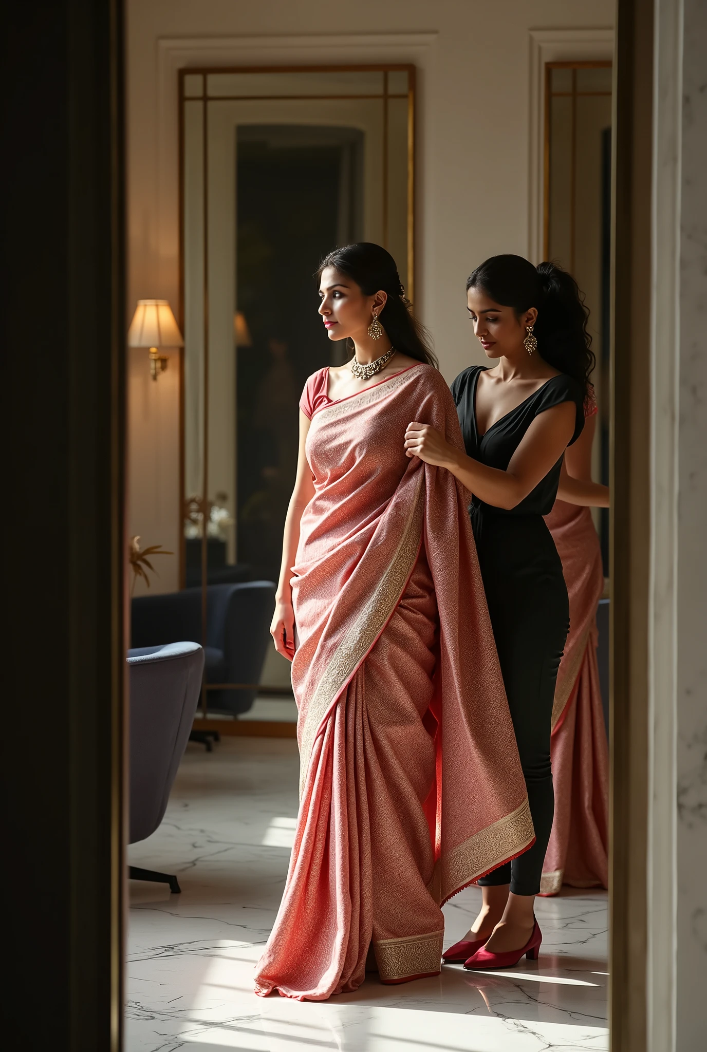 A beautifully adorned woman stands in front of a large mirror as a professional drapes her saree with precision. The saree, made of premium fabric, features a blend of traditional and modern designs. The salon, with its luxurious marble floors and chic furniture, combines contemporary elegance with subtle touches of Indian culture. The atmosphere is serene yet sophisticated, ideal for a modern woman who appreciates the art of saree draping.