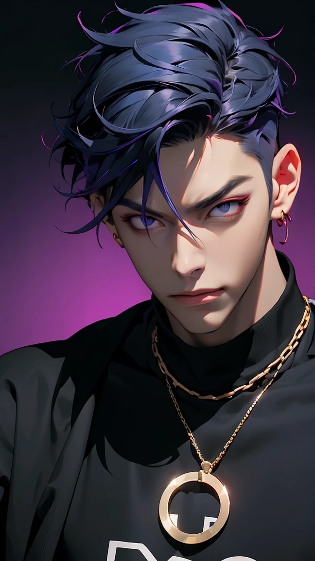 highest quality, 8K, high resolution image, anime style Jujutsu Kaisen, dark skin, (Cú Chulainn (Alter) | Fate | FGO ) detailed strokes, crazy look, piercing gaze, out of focus, purple light is reflected from it, (close angle), 1 man, young, male, model, hand in pocket, cool guy, multicolored background with various geometric shapes, all around stickers, muscular, Blue hair, red eyes, multicolored hair, blue hair, hair between the eyes, highlighted hair, puffy chest, he is wearing a black Sweater, black gloves, sweatpants, gold link chain, Hand in the Pocket, background: he ist standing, big city, streets, park, people, blue sky, cars, bicycle