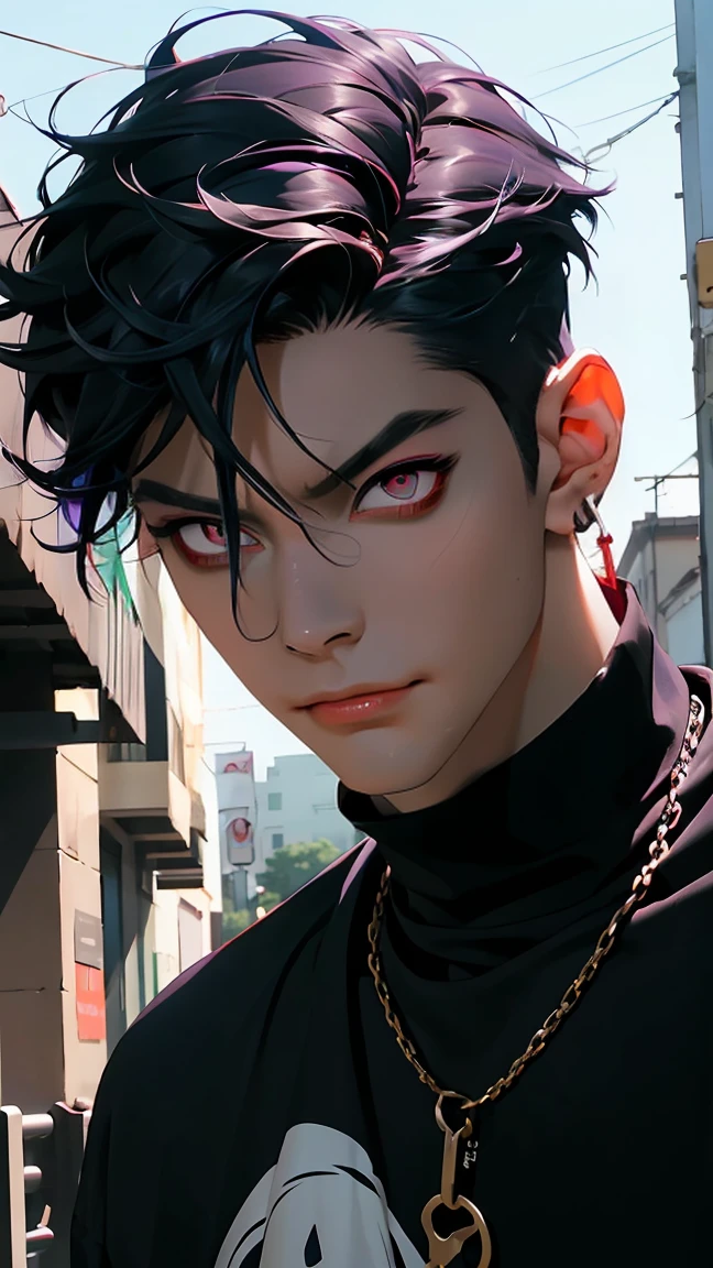 highest quality, 8K, high resolution image, anime style Jujutsu Kaisen, dark skin, (Cú Chulainn (Alter) | Fate | FGO ) detailed strokes, crazy look, piercing gaze, out of focus, purple light is reflected from it, (close angle), 1 man, young, male, model, hand in pocket, cool guy, multicolored background with various geometric shapes, all around stickers, muscular, Blue hair, red eyes, multicolored hair, blue hair, hair between the eyes, highlighted hair, puffy chest, he is wearing a black Sweater, black gloves, sweatpants, gold link chain, Hand in the Pocket, background: he ist standing, big city, streets, park, people, blue sky, cars, bicycle