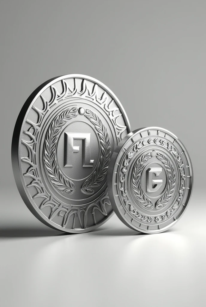 Draw two silver coins of the same style with different logos, one large and one small