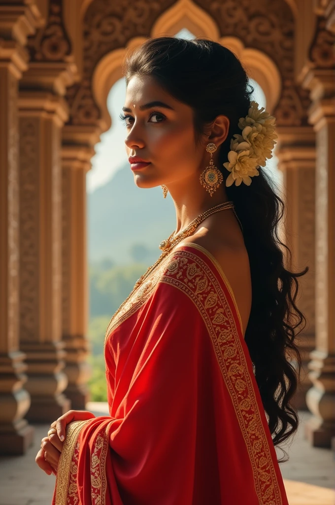 A 20-year-old Indian lady dressed in a vibrant red saree with golden borders, standing gracefully at the entrance of a beautifully decorated temple during the early morning hours, her hair adorned with fresh jasmine flowers.