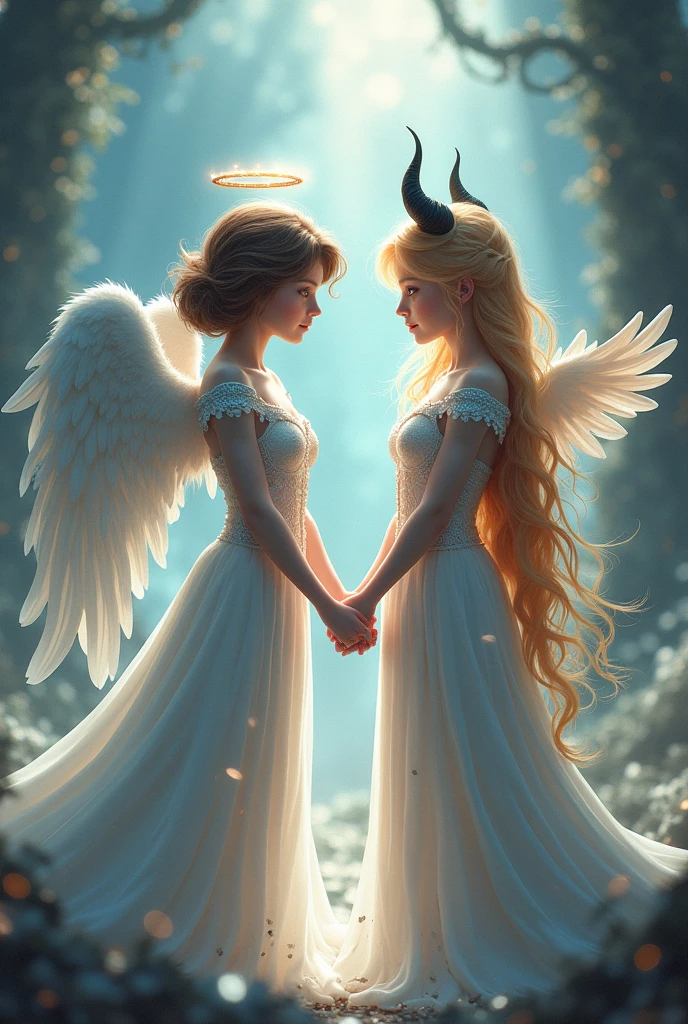 Generate Princess of Heaven and Princess of Hell,who are holding hands.The princess of the sky is short,she has brown short hair and blue eyes.She also has white angel wings and a halo..The princess of hell is tall,she has long blonde hair and brown eyes.It also has black horns,ogon demona i na ma żadnych skrzydeł.