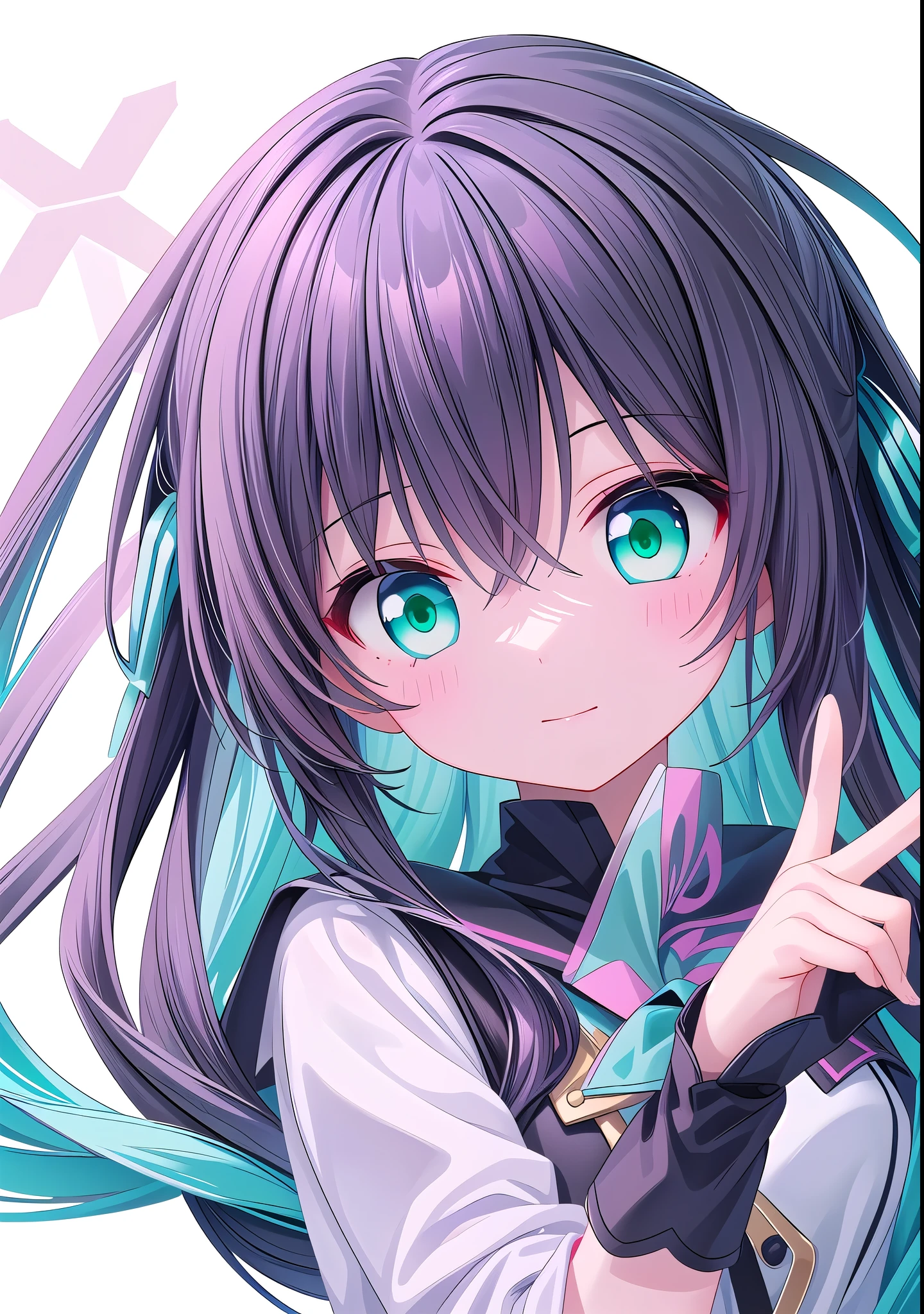 Anime Girl with black hair and green eyes making a peace sign, Use your index finger, Otashiro, Anime Girl with teal hair, Anime style 4k, Anime cute art style, 2DAnime style, Best Anime 4K Konachan Wallpapers, Anime Characters, Anime atmosphere, an Anime Girl, Anime style, Night Core, (Anime Girl), Anime style肖像，Cross-shaped pupil