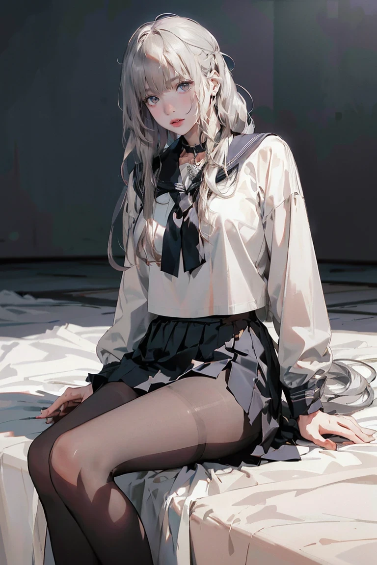 ((See-through),(Sailor collar uniform),shirt, Pleated skirt,(Black Pantyhose),[:(Detailed face:1.2):0.2], RAW Photos, (masterpiece), (Highest quality), High resolution, (Realistic, photo-Realistic:1.2), Super detailed, Physically Based Rendering, One person, Air Van, Long Hair, (Silver Hair), Wavy Hair,Large Breasts