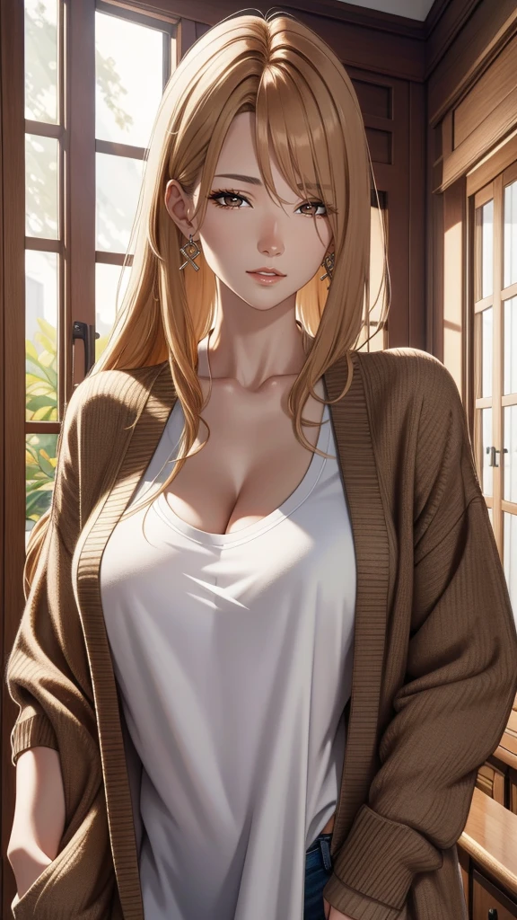 (best quality,4k,highres,masterpiece:1.2),ultra-detailed,cool adult woman,pale skin,elegant,long hair,bang,[[[brown hair]]],blonde hair,cardigan,t-shirt,cleave,brown eyes,inside house,detailed facial features,vibrant colors,portraits,HDR,soft lighting