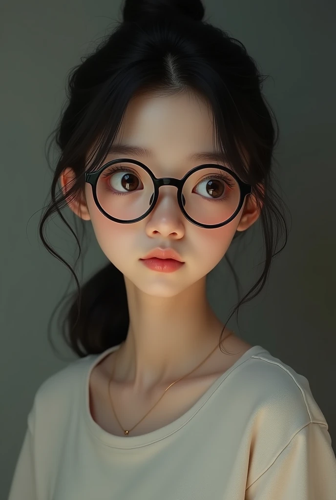 The face is of a Chinese girl wearing round glasses with black frames
