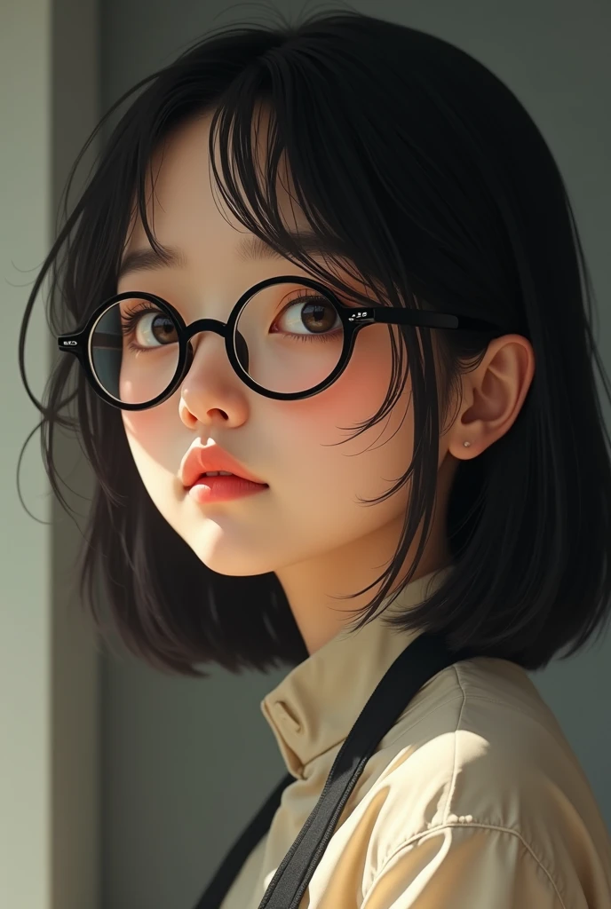 The face is of a Chinese girl wearing round glasses with black frames