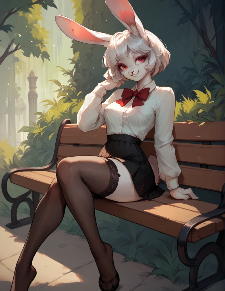 (((furry 5.0)))),Female, 18 years, cute rabbit, Female кролика,skirt,In tight stockings,Slightly transparent top, slender body, sits on a bench, against the background of the park