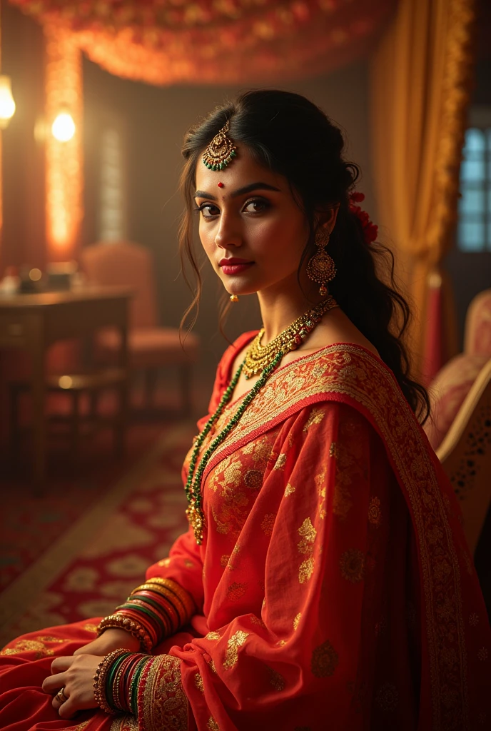 A 20 years old indian girl wearing saree in sitting in a wedding night