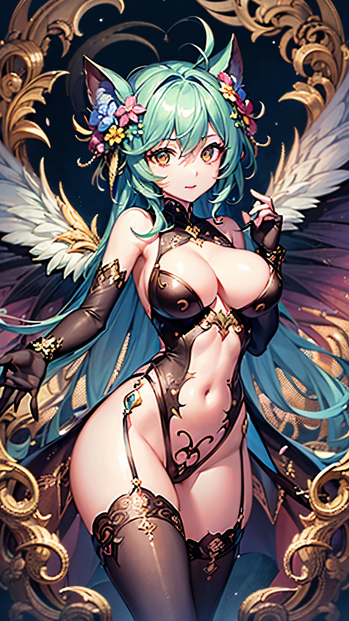 ((Highest quality)),(Ultra-high resolution),(Super detailed),(Detailed Description),((The best CG)),(masterpiece),Highly detailed art,(Art with precise detail:1.5), Flower Nipples, Wriggle your body, Big cleavage:1.9, Slim body:1.6, Super High Leg Cut:1.6