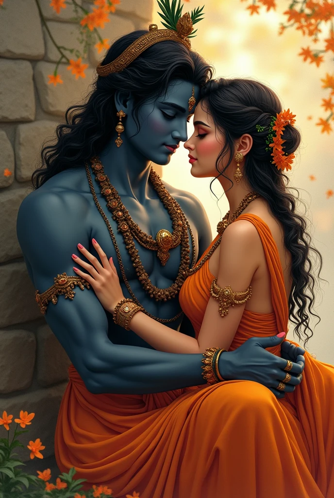 Radha is  lord  krishna men ,radha sit on krishnas thais  
pose . Hug pose , side by side




,both clear faces back colur