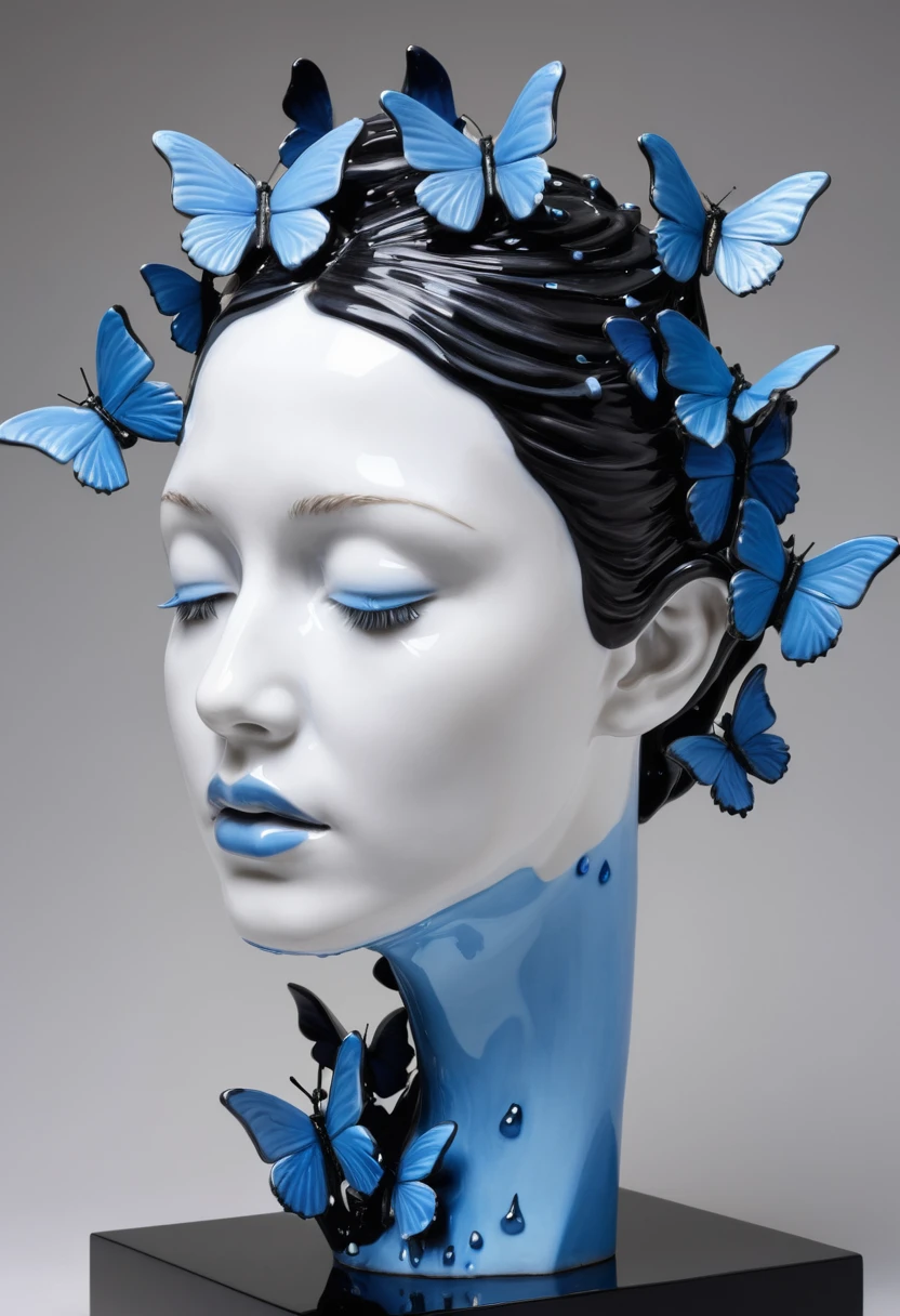 There is a white porcelain sculpture of a woman's head with a neck on a black cubic stand. Pale blue tears flow down the cheeks and chin from the eyes of the porcelain sculpture, tears hang in drops on the chin and turn into bright blue butterflies. Bright blue butterflies fly apart. Every tear dripping from his eye turned into a blue butterfly. The view from the side. The distance is 1 meter. The work of a genius sculptor