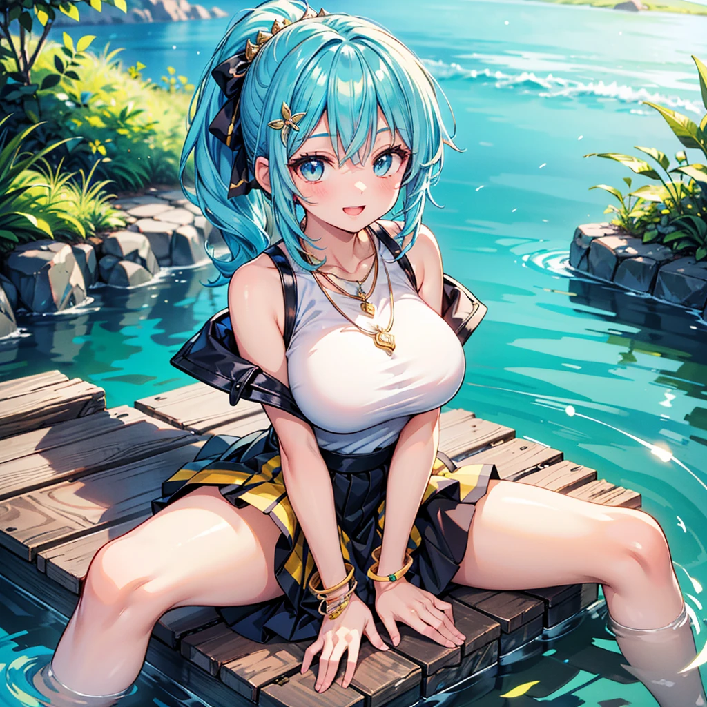 Anime Moe Art Style,Highest quality,High resolution,Anatomically correct,Mid-teens,With her light blue hair in a ponytail,Super detailed,Big Breasts,Shiny skin,Beautiful Skin,A rich expression,Bright smile,Sit on the riverbank,Sleeveless blouse,flare skirt,necklace,bracelet,hair ornaments,Eyes drawn in detail,8k