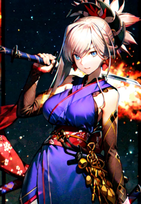 masterpiece, best quality, high resolution,
Saber1, Default Kimono, 1girl, 独奏, weapon, sword, katana, holding, dual wielding, sheath, looking at viewer, breasts, holding weapon, holding sword, night, large breasts, border, long hair, unsheathed, cowboy shot, night sky, sky,milkyway,Two-Way,Suspicious expression,4K
