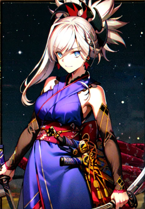 masterpiece, best quality, high resolution,
Saber1, Default Kimono, 1girl, 独奏, weapon, sword, katana, holding, dual wielding, sheath, looking at viewer, breasts, holding weapon, holding sword, night, large breasts, border, long hair, unsheathed, cowboy shot, night sky, sky,milkyway,Two-Way,Suspicious expression,4K
