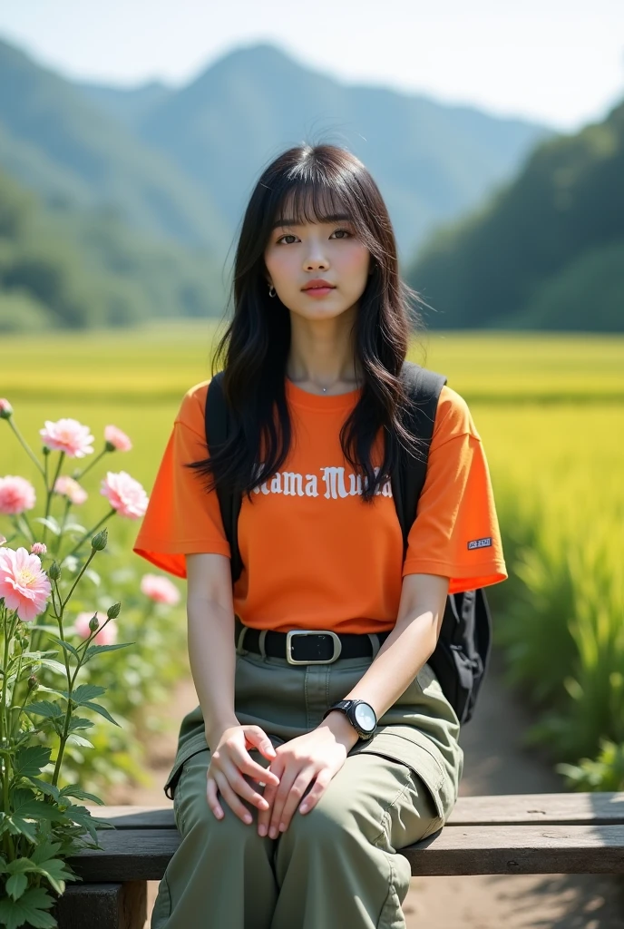 beautiful Korean girl, white skin, well-groomed face, long black hair with bangs, wearing a long orange t-shirt with the Mama Muda logo, cargo pants, backpack, wearing a cool watch, sitting on a wooden bridge, holding an iPhone 14 Promex, there are flowers beautiful blooming, in the background of rice fields and mountains, the rice fields look authentic, real and realistic photos