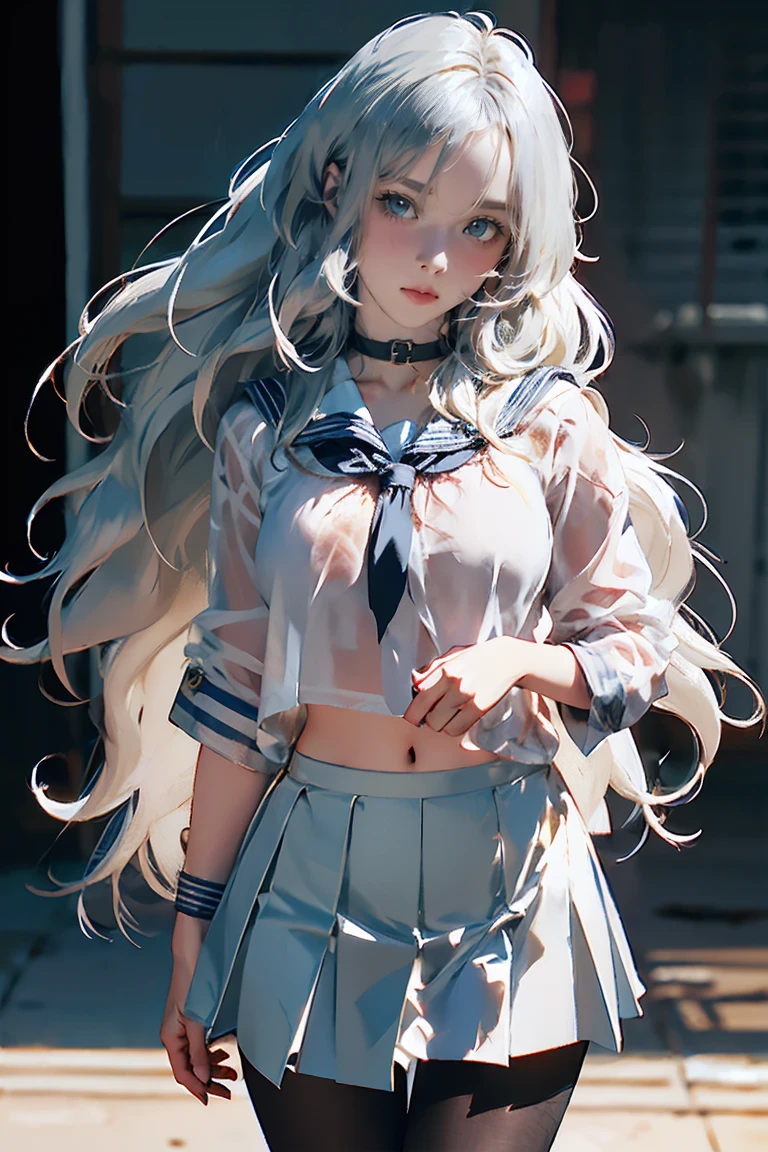 ((See-through),(Sailor collar uniform),shirt, Pleated skirt,(Black Pantyhose),[:(Detailed face:1.2):0.2], RAW Photos, (masterpiece), (Highest quality), High resolution, (Realistic, photo-Realistic:1.2), Super detailed, Physically Based Rendering, One person, Air Van, Long Hair, (Silver Hair), Wavy Hair,Large Breasts,NSFW