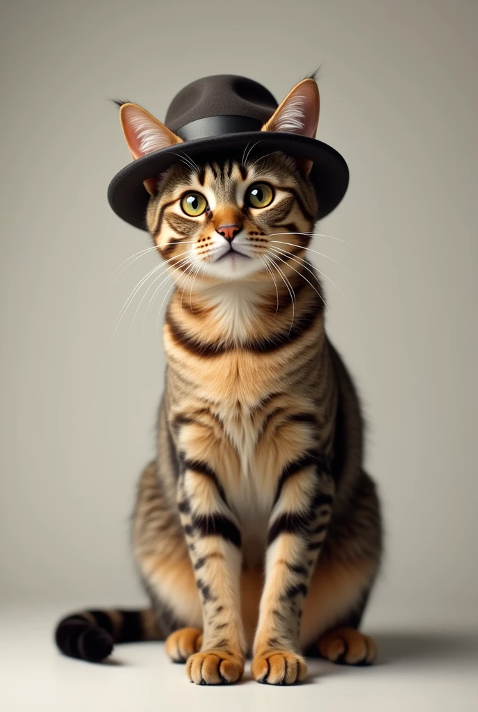 Cat standing facing the camera, wearing a hat