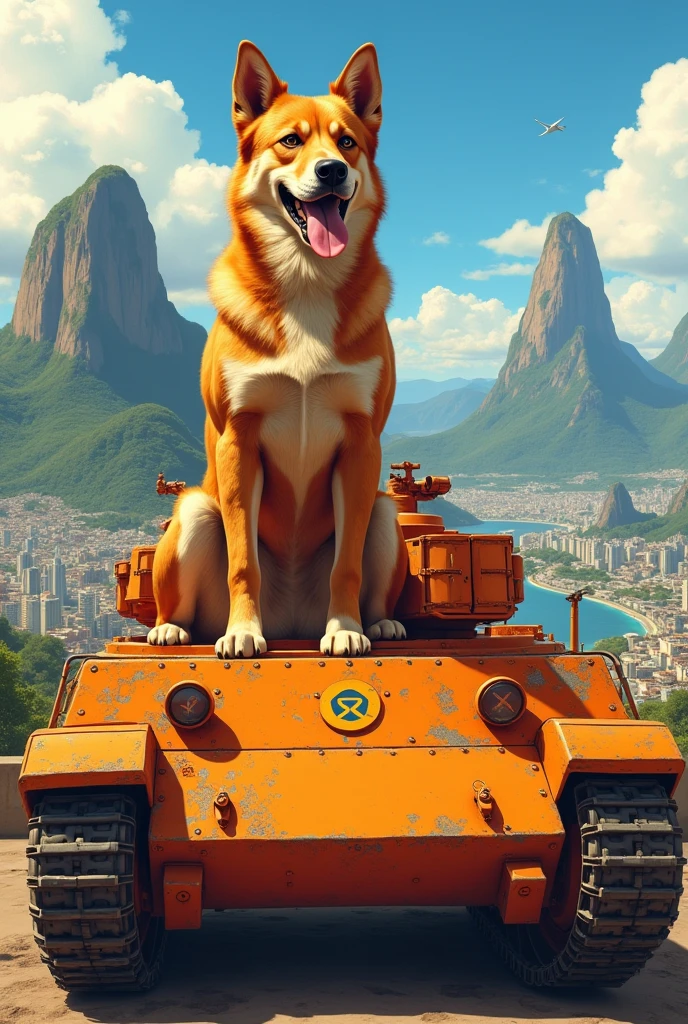 a caramel dog on top of an orange tank happy to have won a war against a backdrop of Rio de Janeiro
