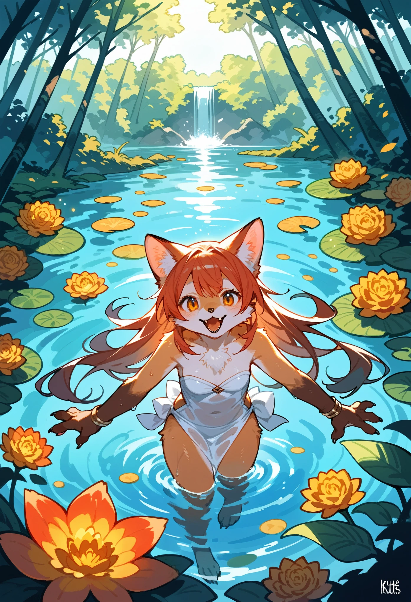 rating_safe, score_9, score_8_up, score_7_up, score_6_up, score_5_up, score_4_up, hires, source_furry, cover_page, (1girl, Solo focus, furry anthro, kemono)bathing in water, beautiful refraction of water, Dreamy, mystical, erotic, Happy, joyful(Photos of solo travelers)cinematic lighting, dynamic angle,