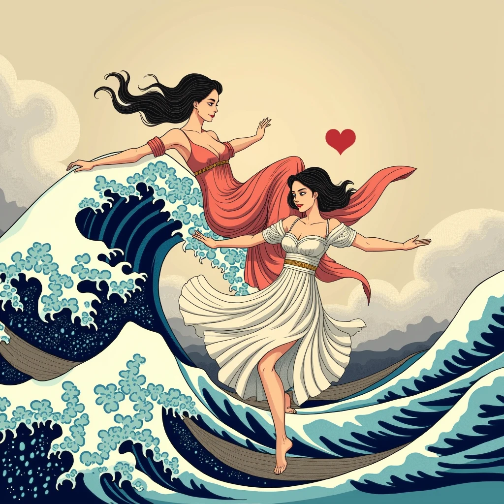 Men and women riding the waves of love Ukiyo-e