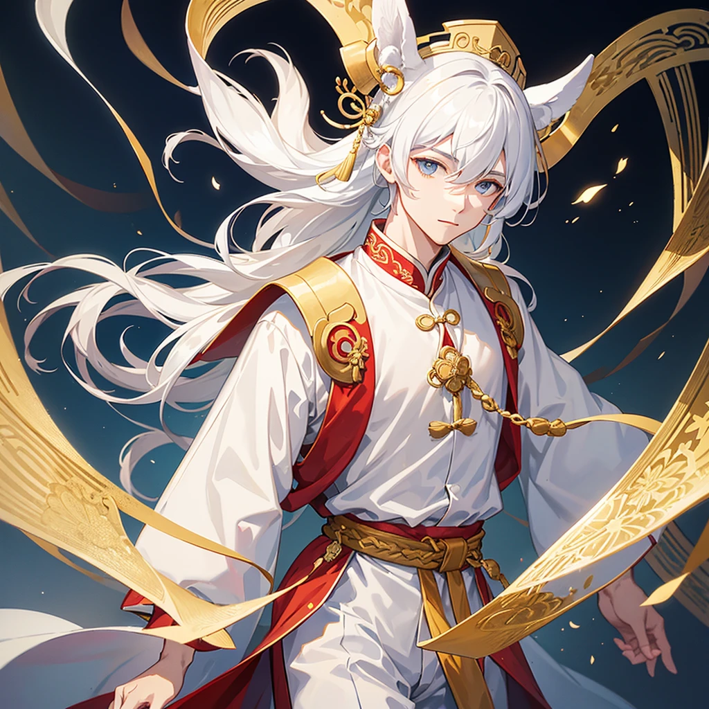 A young man in his twenties,Dressed in Tang Dynasty costume,Overall white,The clothes have a cloud and gold edging,Looks thin overall,Like an ancient immortal,Black long hair。