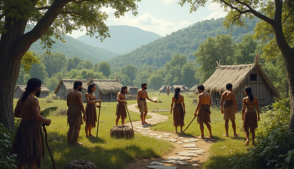 A scene depicting early contact between English settlers and the Croatoan tribe, with the settlers assimilating into the tribe's community and participating in their daily activities.