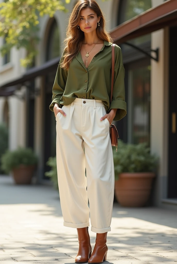 Olive top with loose white pant and brown boots...women