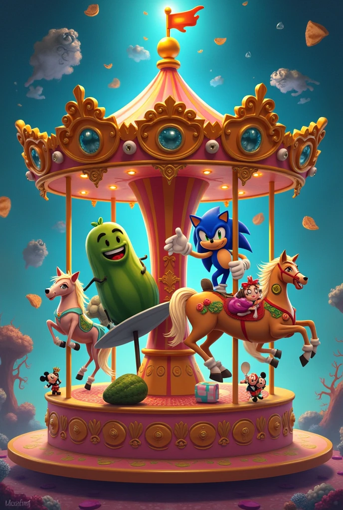 Magic Carousel, Although, instead of horses there will be, respectively, these characters: A surfer, a cucumber, O Sonic, A princess, A talking Mickey Mouse and a talking Doritos