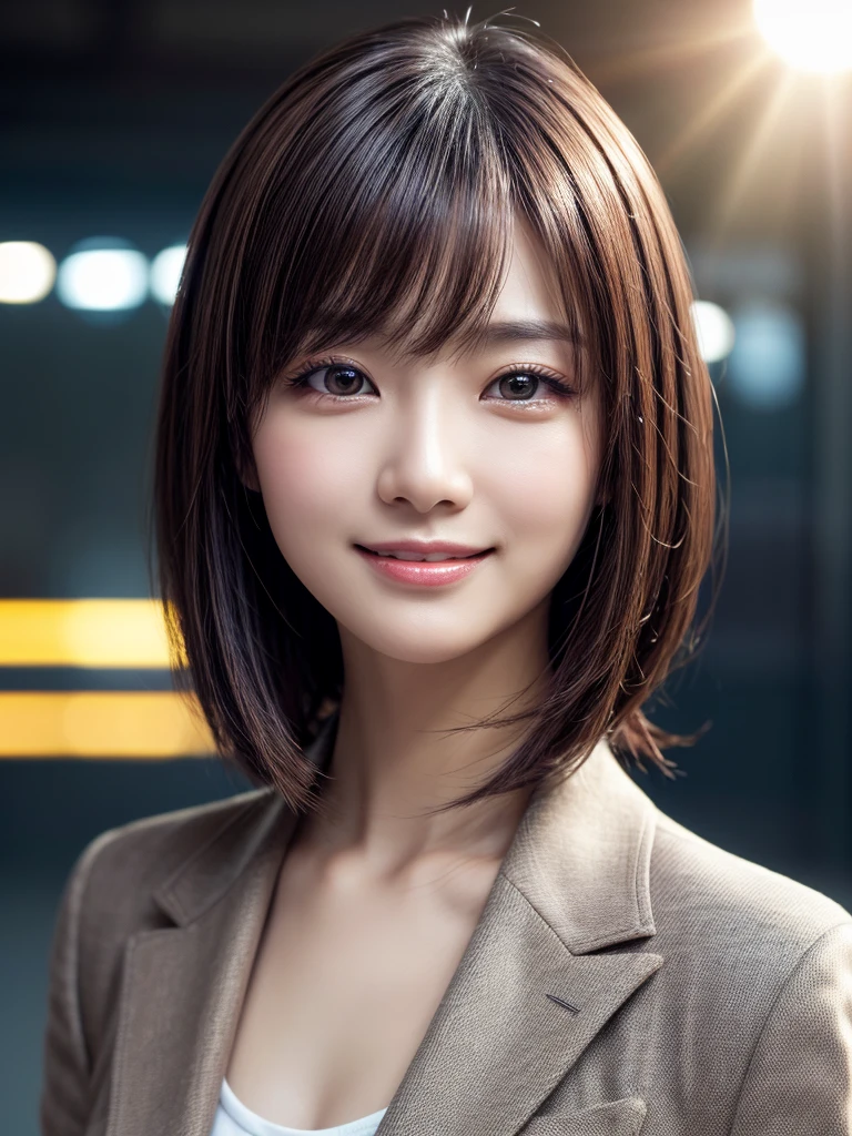 Tabletop, Highest quality, Realistic, Very detailed, finely, High resolution, 8k wallpaper, Cinema Lighting、1 person、Beautiful Japanese Women、30 years old、light brown straight bob hair, Wear a business suit, (Blurred Background、Station platform、noon、Light of the sun)、Sharp focus, Perfect dynamic composition, Narrow eyes:1.5, finelyて美しい目, Thin Hair, Detailed and Realistic skin texture, (Smile:1.3), (Tilt your head), Close-up portrait, Model body type