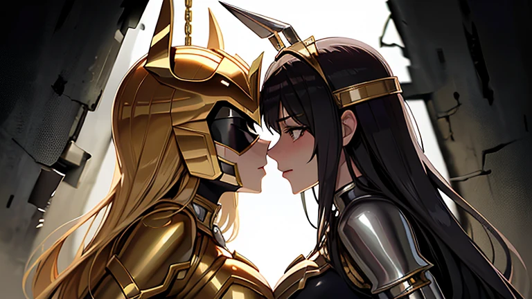 2women,being caught,superhero costume,metallic costume,armored bunny costume,full face superhero helmets,huge breasts,blindfold,villain's base,torture chamber