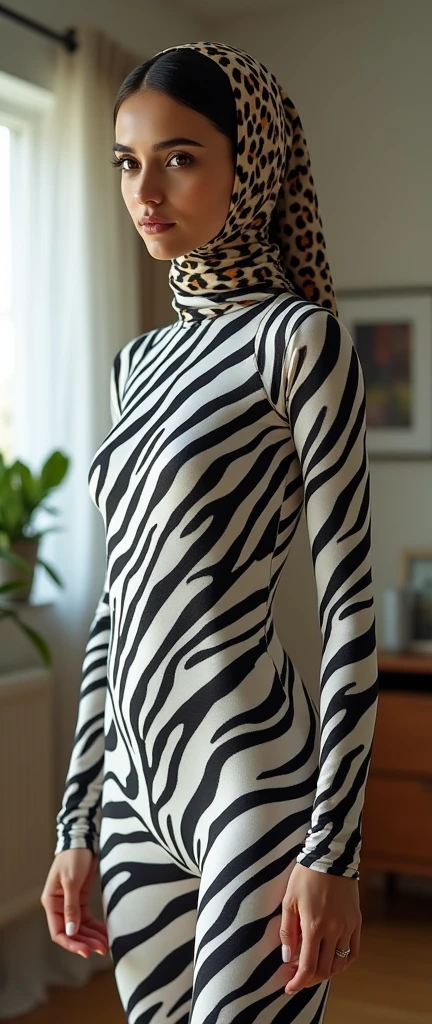 a beautiful and thin malaysian muslim adult girl wears white tiger print lycra turtleneck unitard catsuit covered with zebra stripes and always wear tiger print lycra dancewear hijab covered with leopard spots.She is at home.